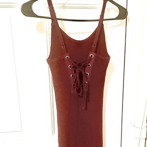 F21 Ribbed Knit Cami Sweater Dress with Lace Up Detail in Wine Red/ Burgundy